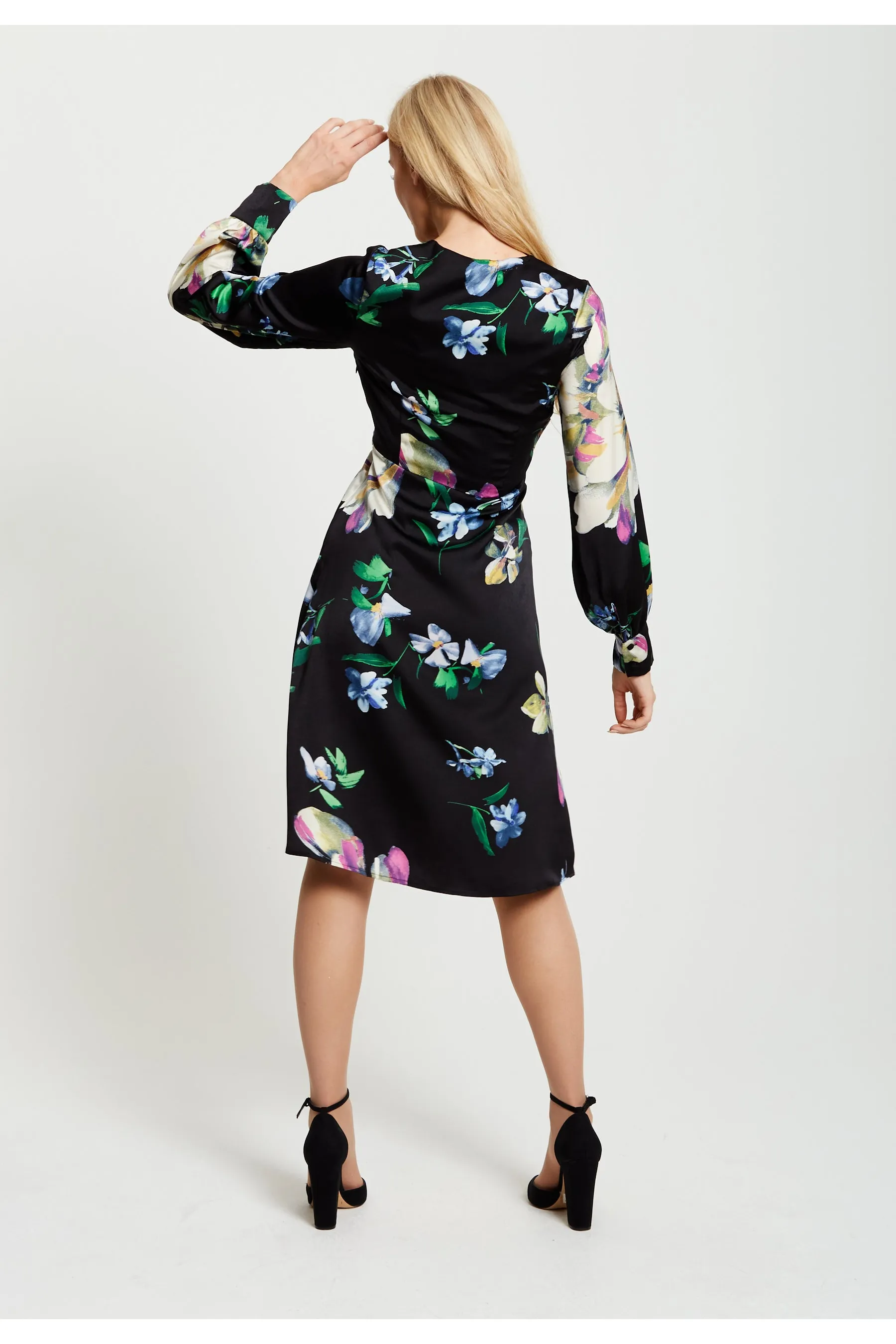 Liquorish Elegant Floral Print Midi Wrap Dress In Black