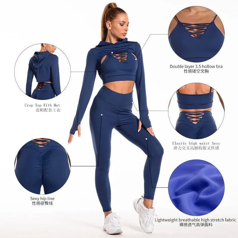 LovelyRLovely 3pcs Long Sleeve Hooded Camisole And High Waist Leggings