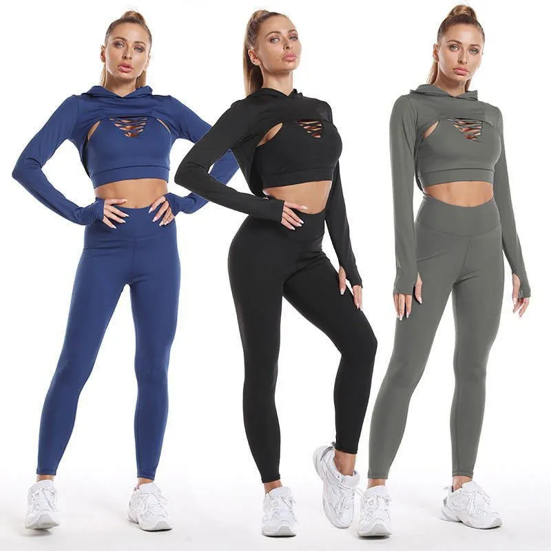 LovelyRLovely 3pcs Long Sleeve Hooded Camisole And High Waist Leggings