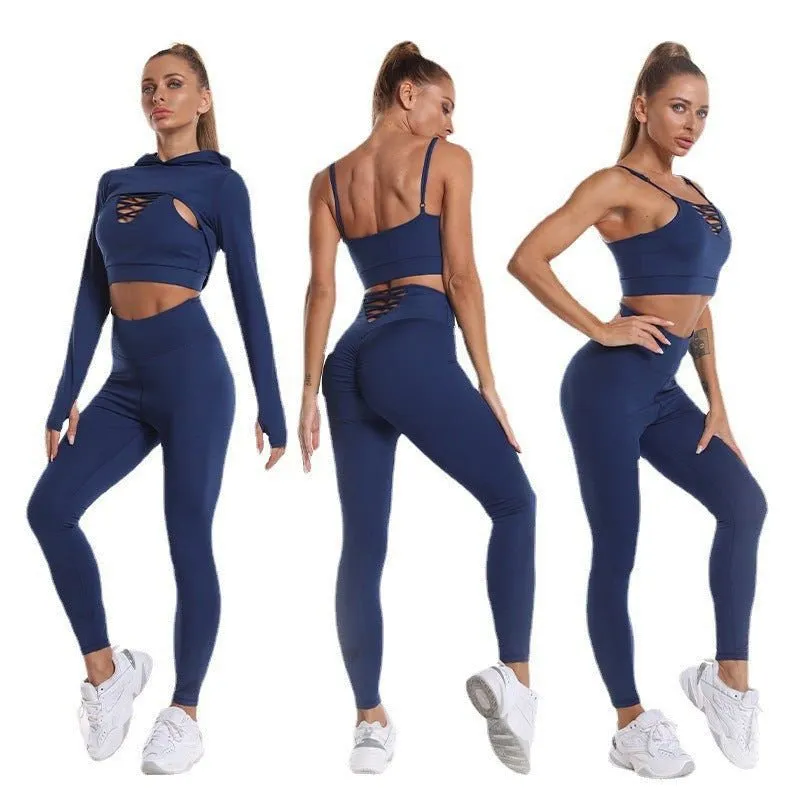 LovelyRLovely 3pcs Long Sleeve Hooded Camisole And High Waist Leggings