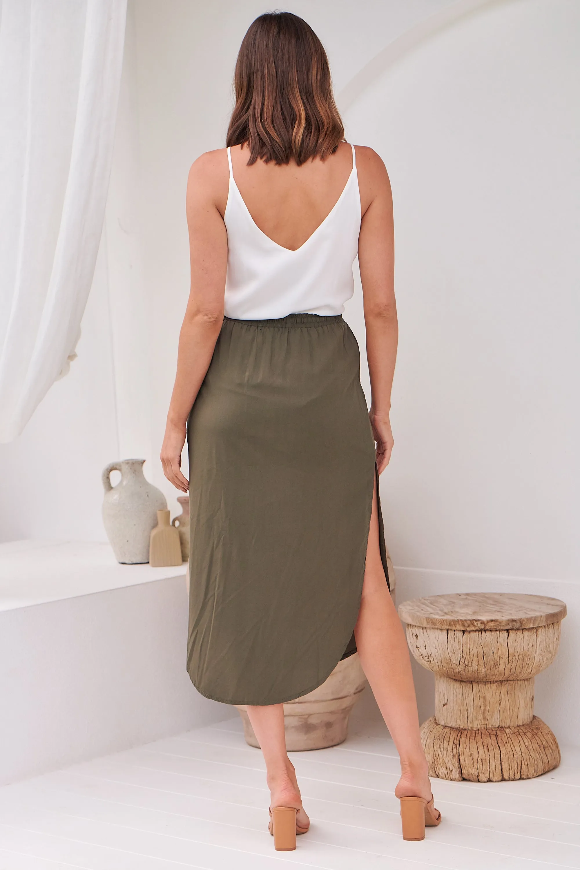 Maris Khaki Tie Waist Midi Side Split Skirt