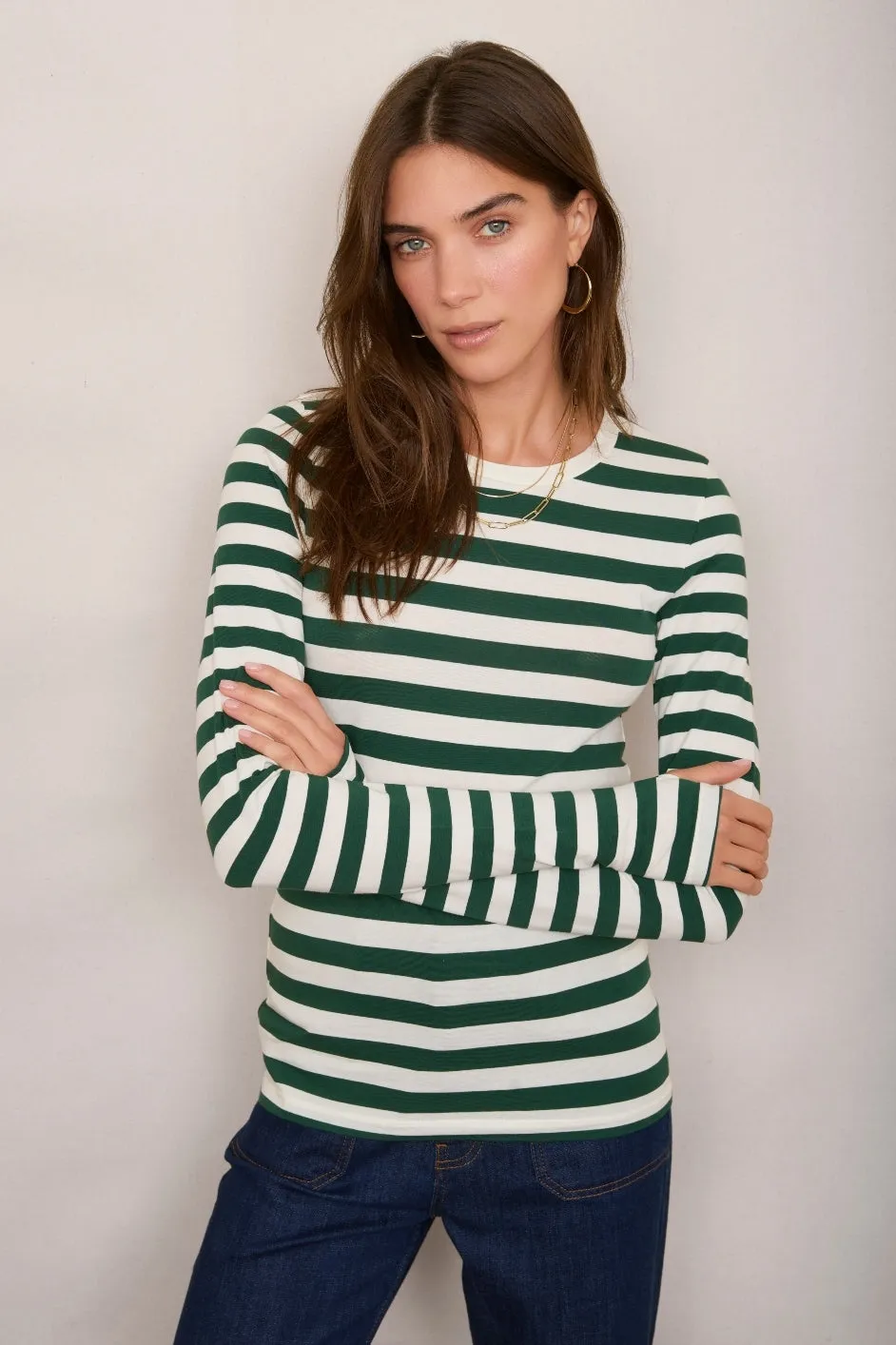 Marnie Long Sleeve Jersey Top - Green/Ivory Stripe