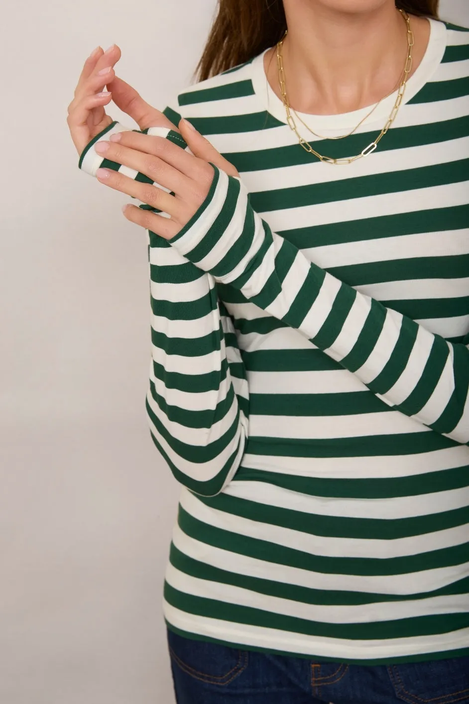 Marnie Long Sleeve Jersey Top - Green/Ivory Stripe