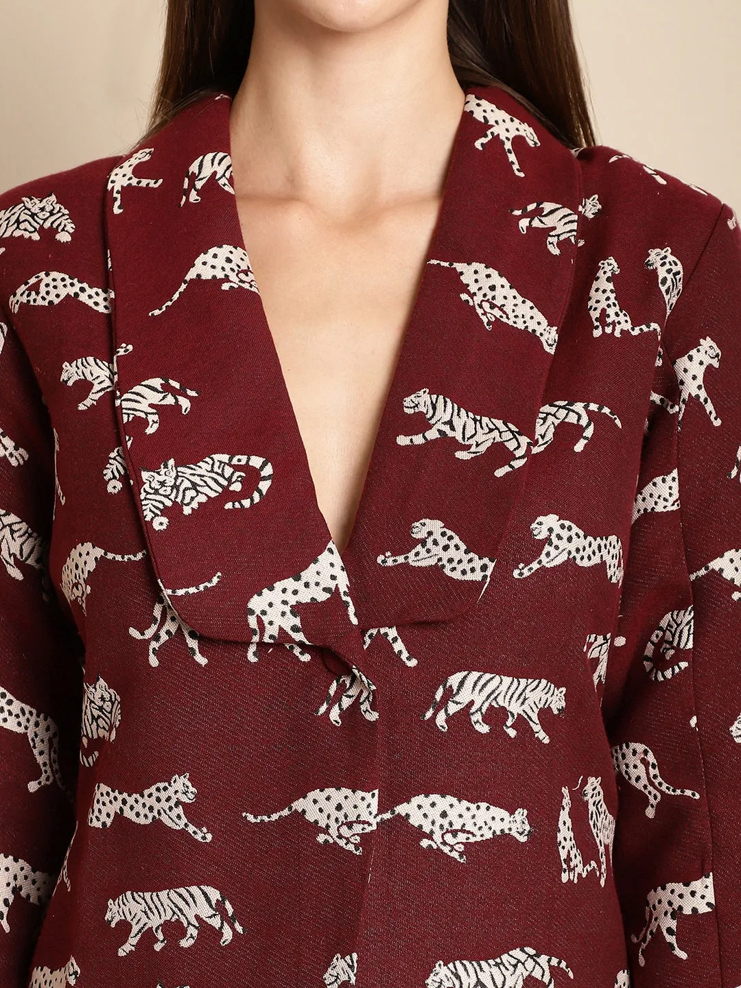 Maroon Tiger Patterned Coat With Long Skirt Co-Ord Set