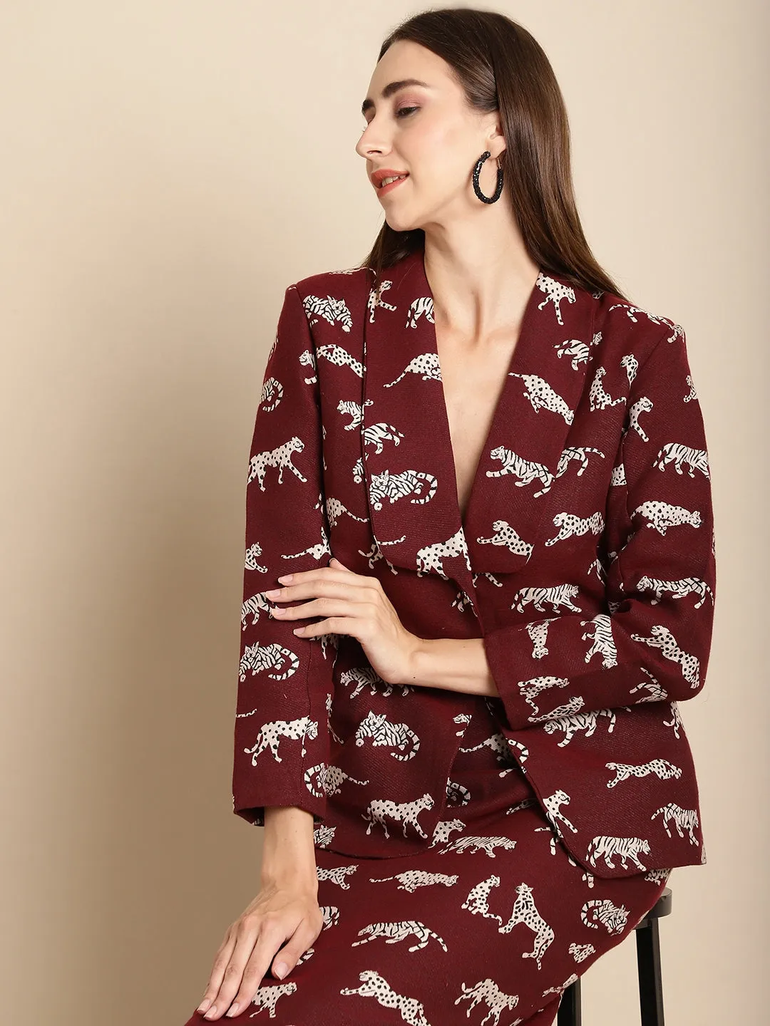 Maroon Tiger Patterned Coat With Long Skirt Co-Ord Set