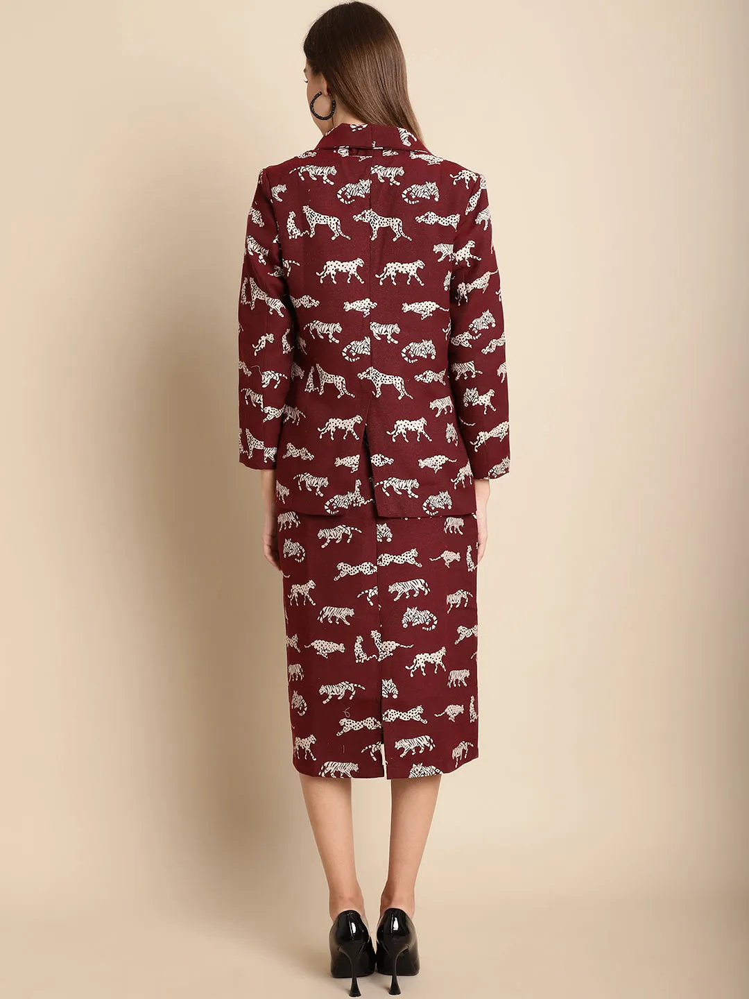 Maroon Tiger Patterned Coat With Long Skirt Co-Ord Set