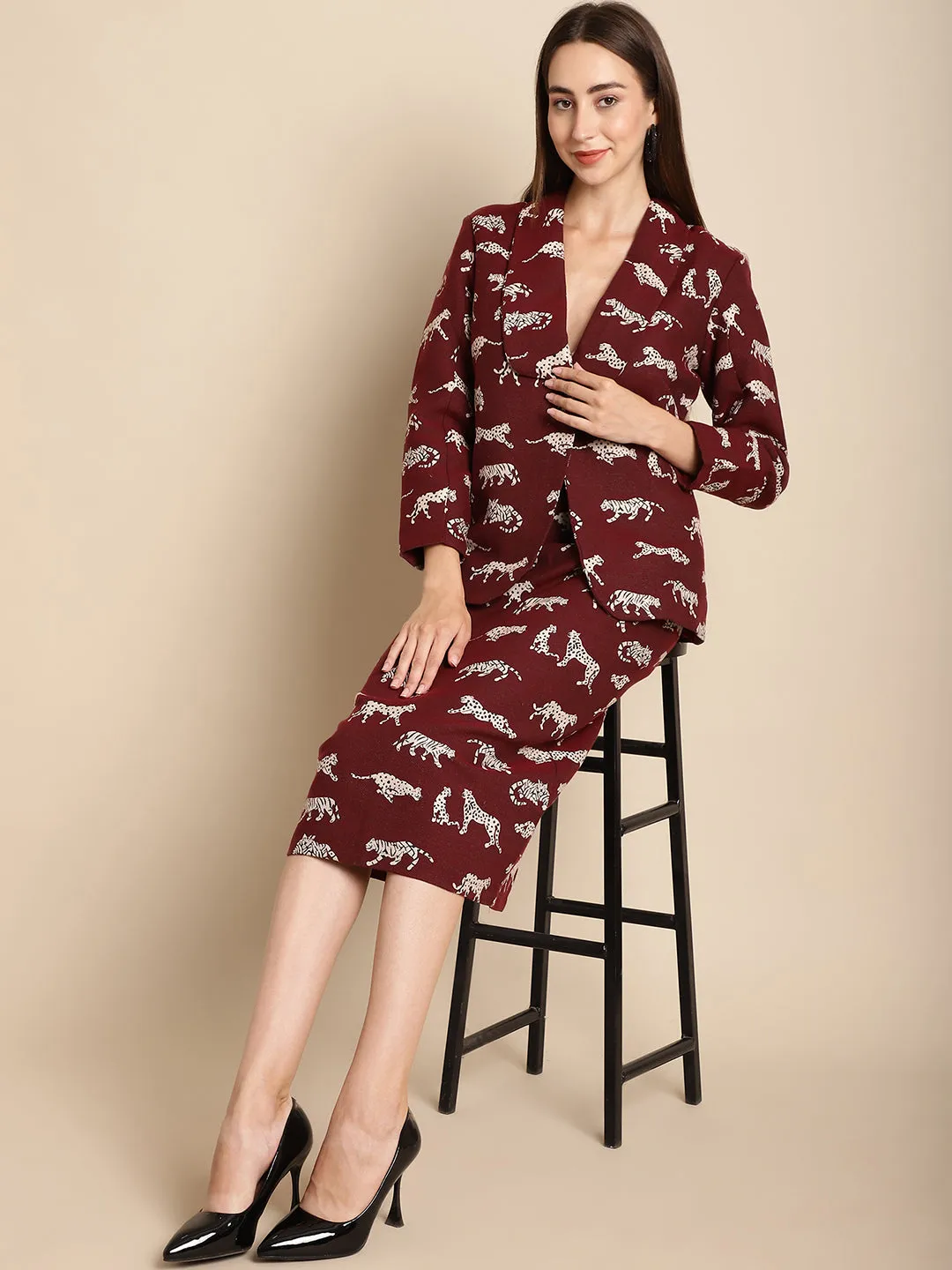 Maroon Tiger Patterned Coat With Long Skirt Co-Ord Set