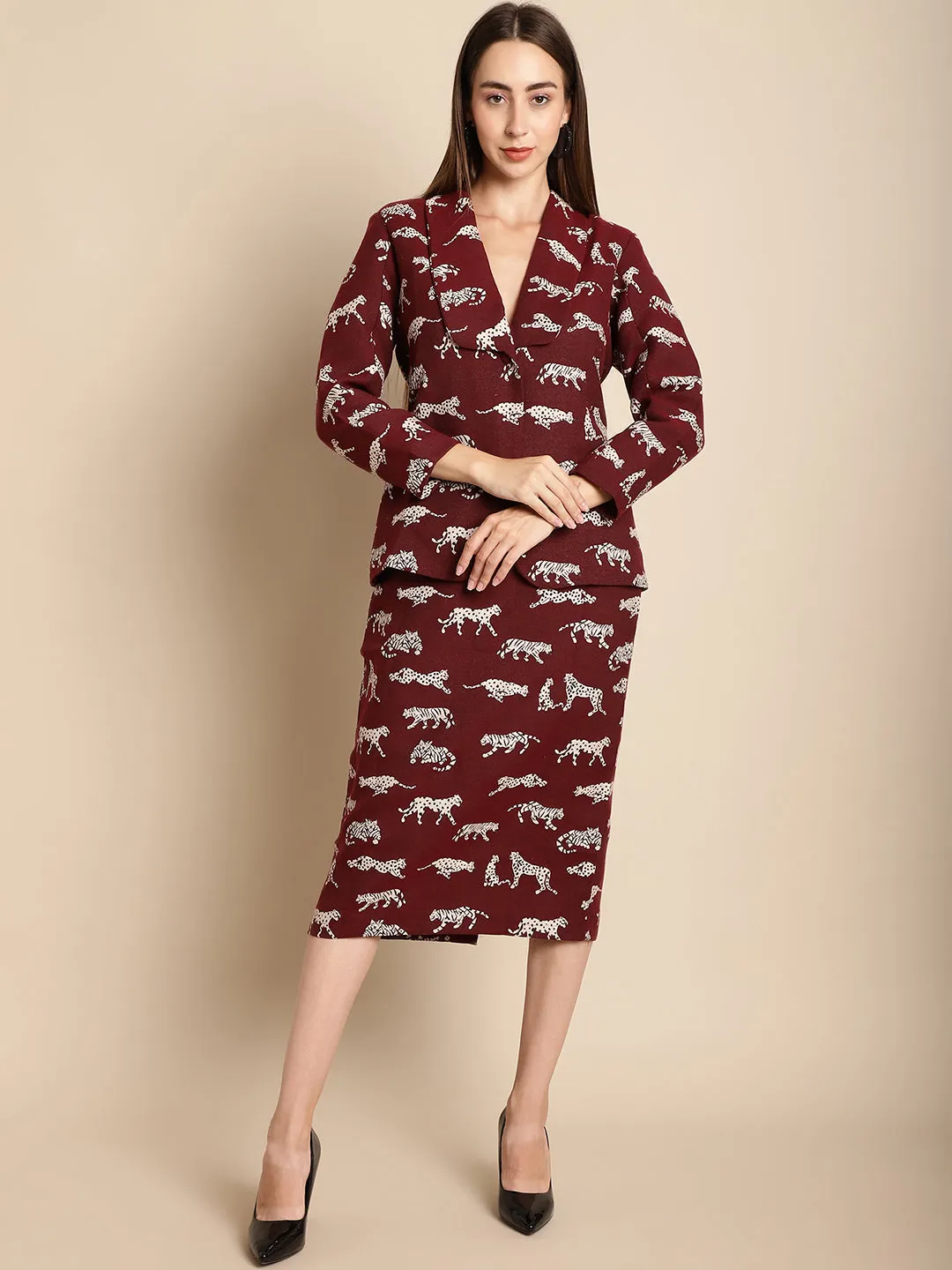 Maroon Tiger Patterned Coat With Long Skirt Co-Ord Set