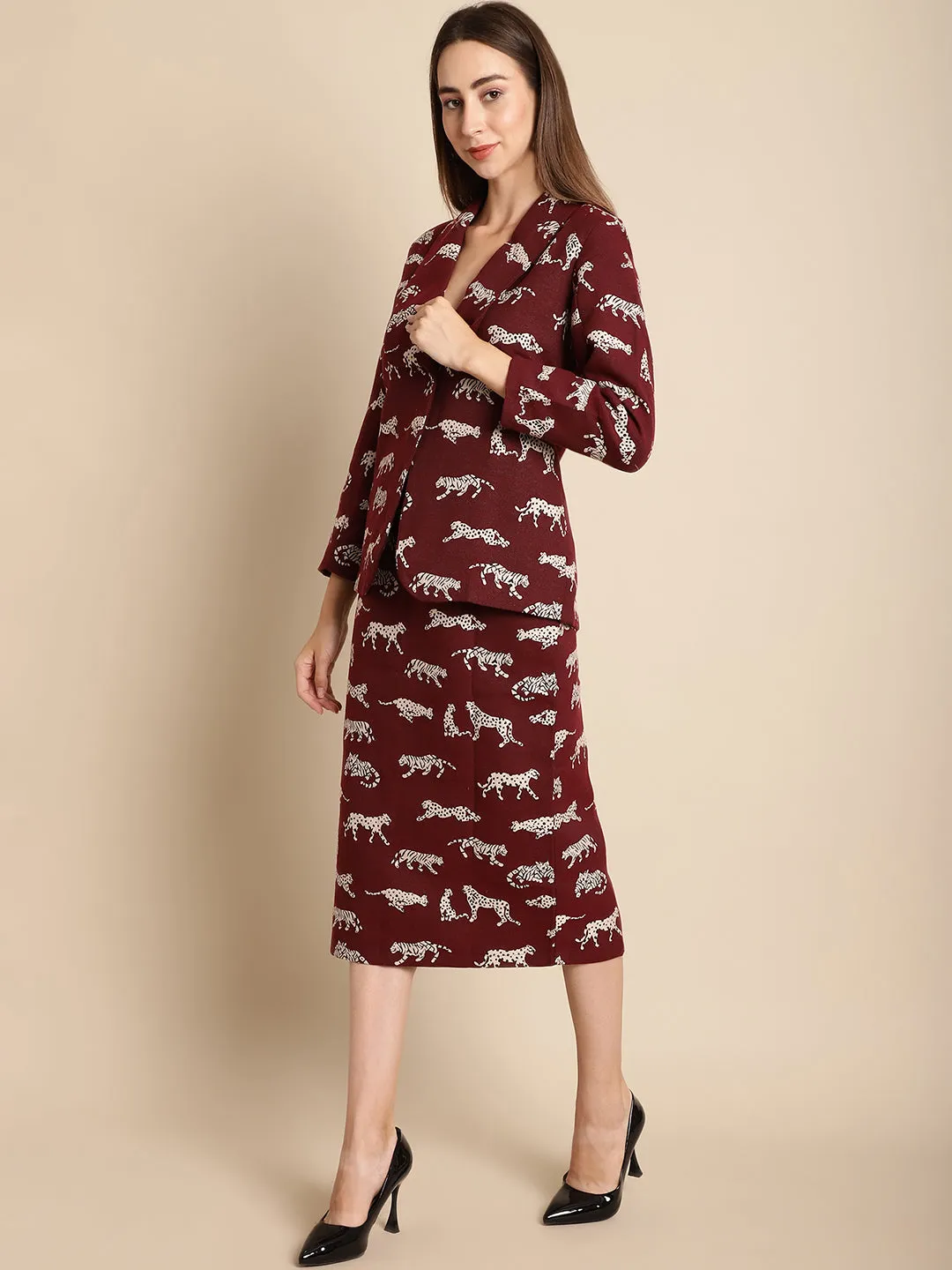 Maroon Tiger Patterned Coat With Long Skirt Co-Ord Set