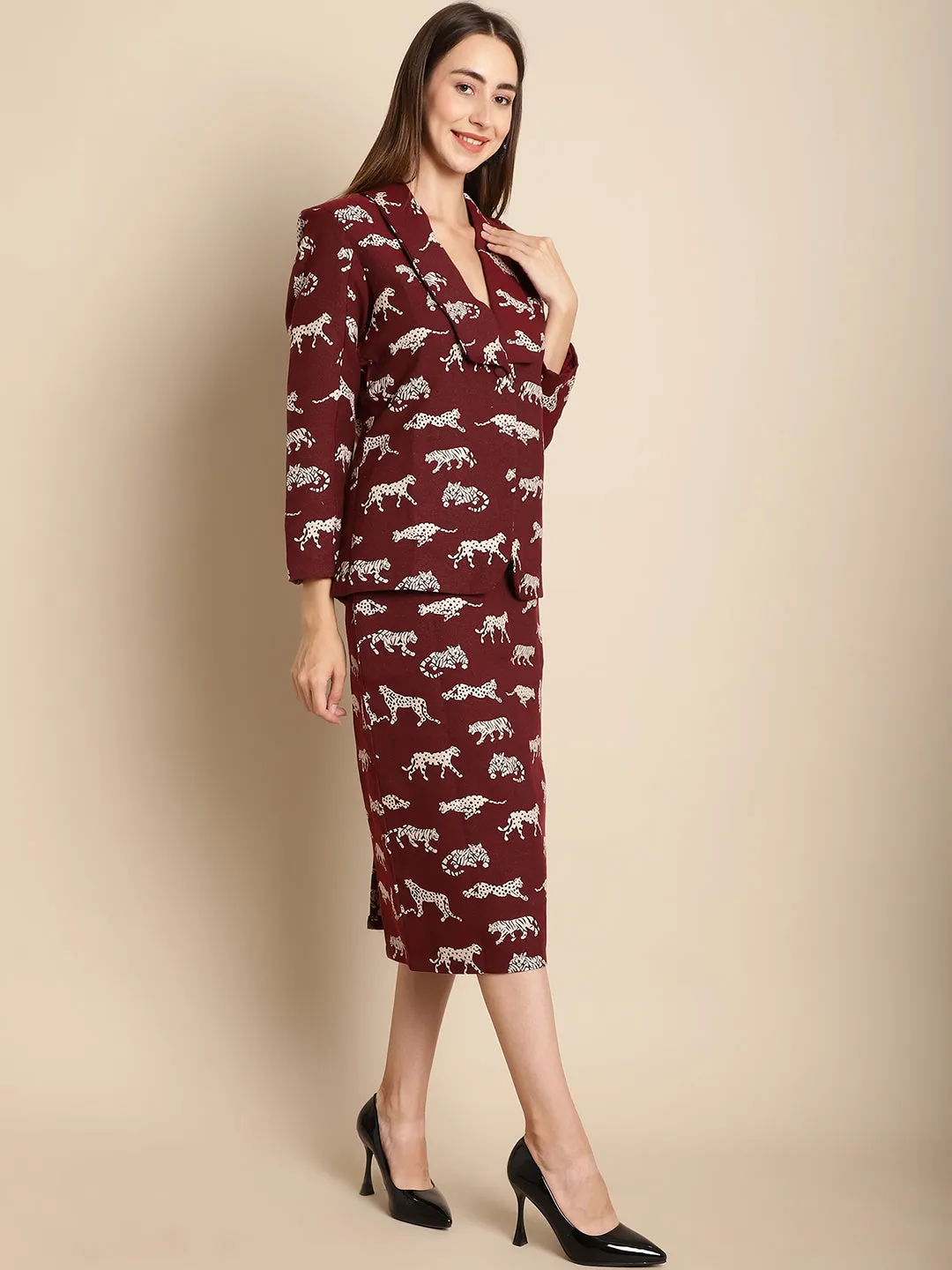 Maroon Tiger Patterned Coat With Long Skirt Co-Ord Set