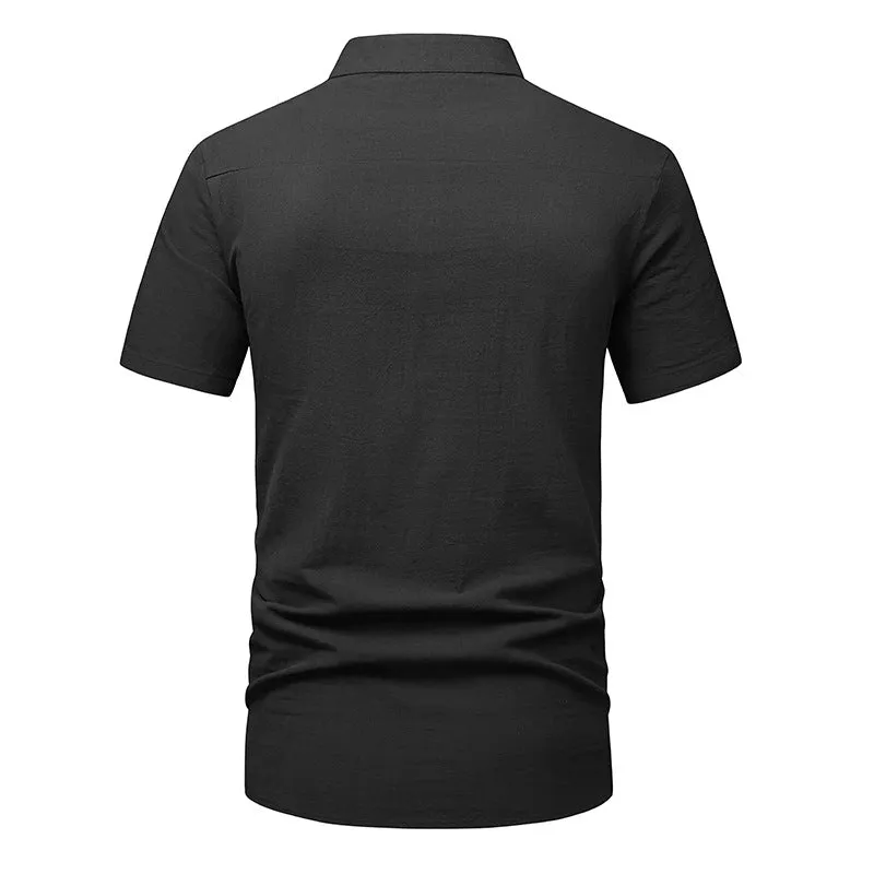 Men Turtleneck Buttons Pockets Short Sleeves T-Shirt