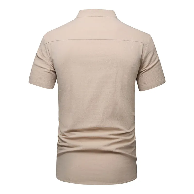 Men Turtleneck Buttons Pockets Short Sleeves T-Shirt