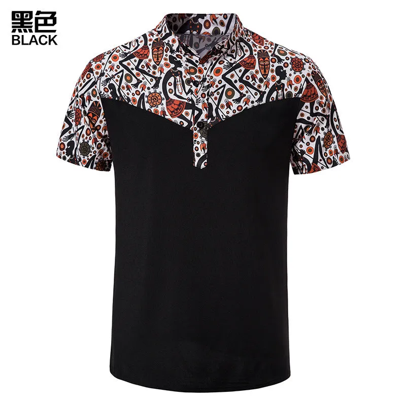 Men Turtleneck Buttons Short Sleeves Sandbeach T-Shirt