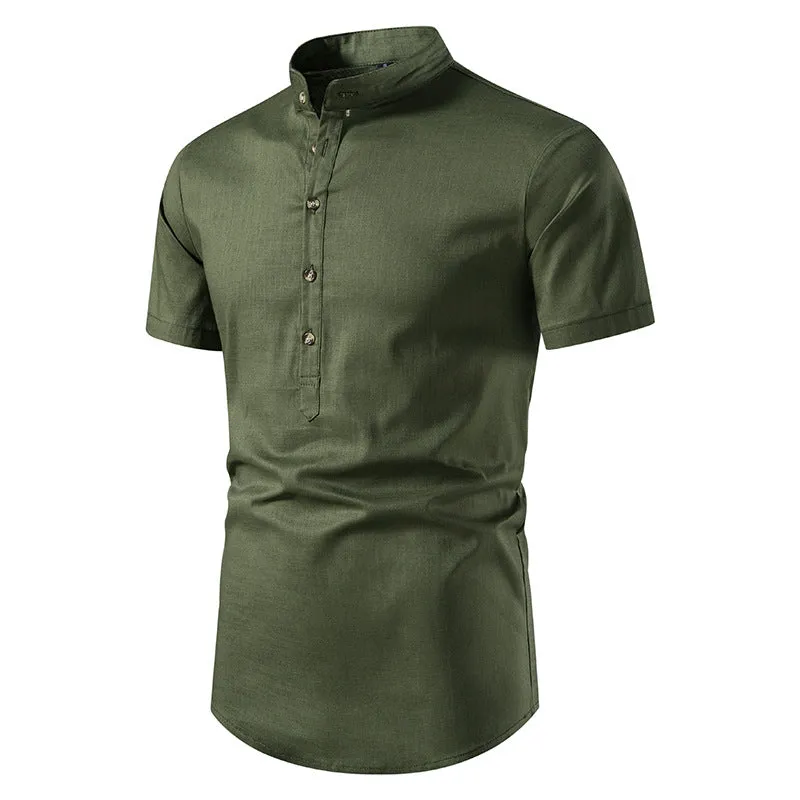 Men Turtleneck Buttons Short Sleeves T-Shirt