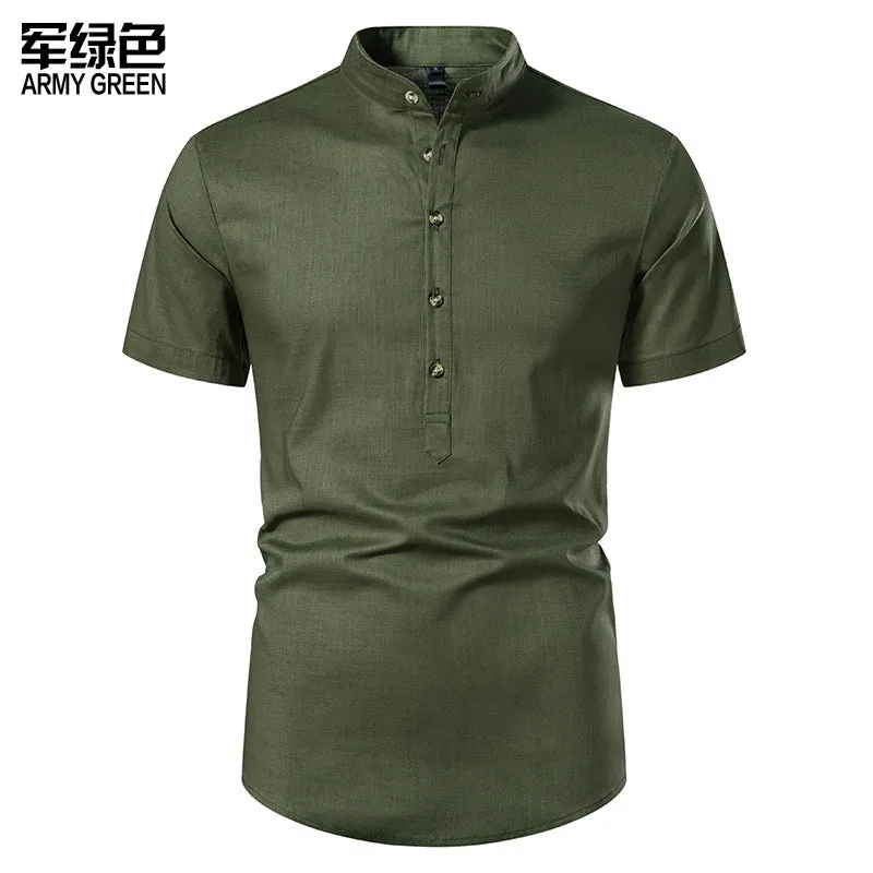 Men Turtleneck Buttons Short Sleeves T-Shirt