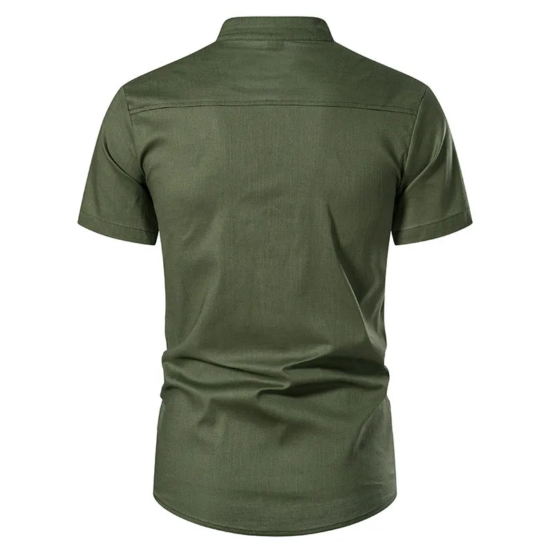 Men Turtleneck Buttons Short Sleeves T-Shirt