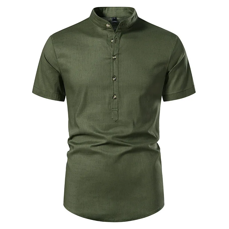 Men Turtleneck Buttons Short Sleeves T-Shirt