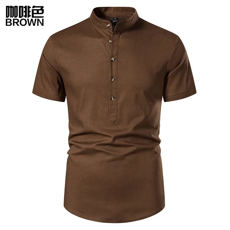 Men Turtleneck Buttons Short Sleeves T-Shirt