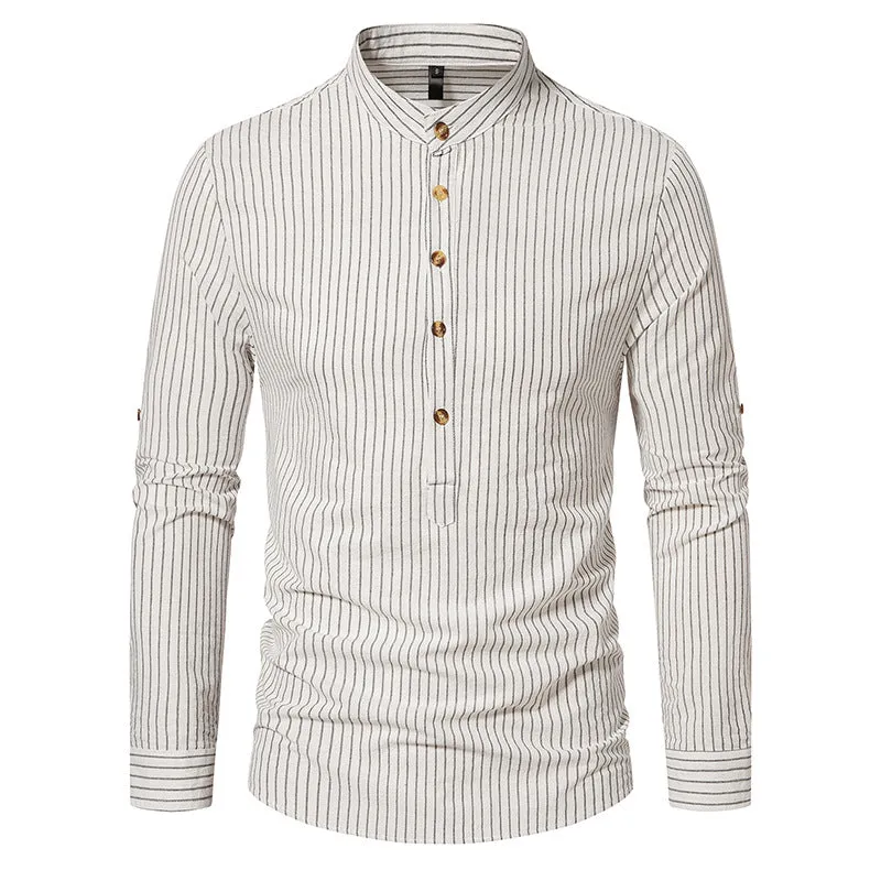 Men Turtleneck Buttons Stripes Long Sleeves T-Shirt