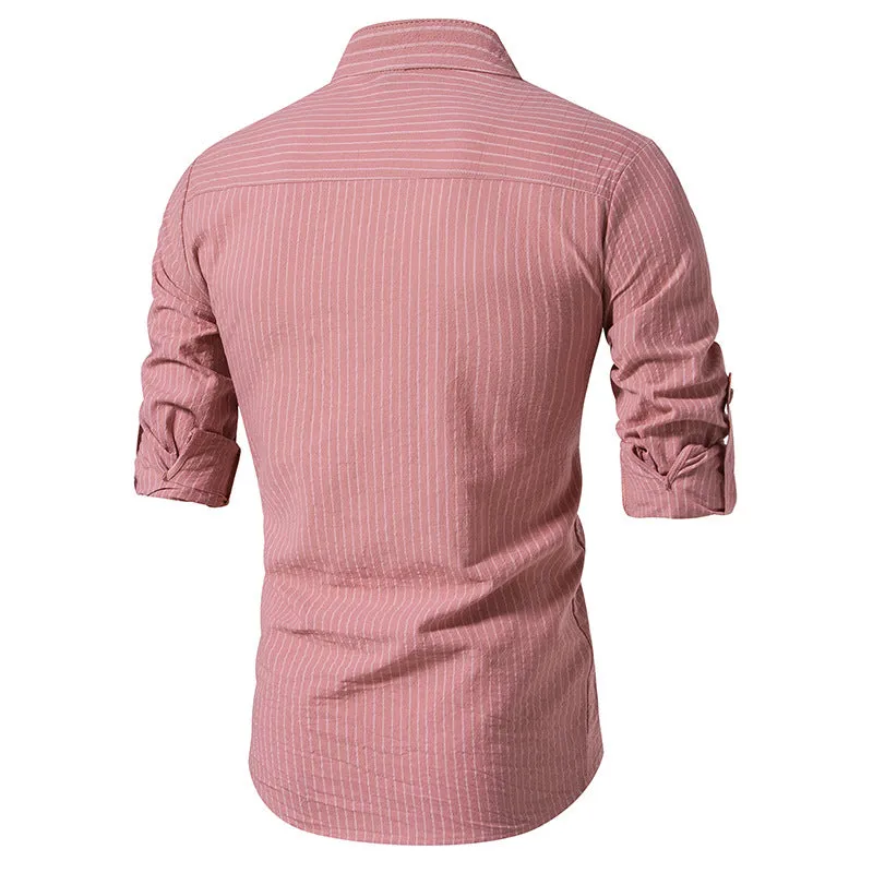 Men Turtleneck Buttons Stripes Long Sleeves T-Shirt