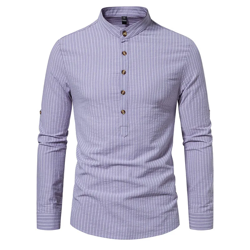 Men Turtleneck Buttons Stripes Long Sleeves T-Shirt