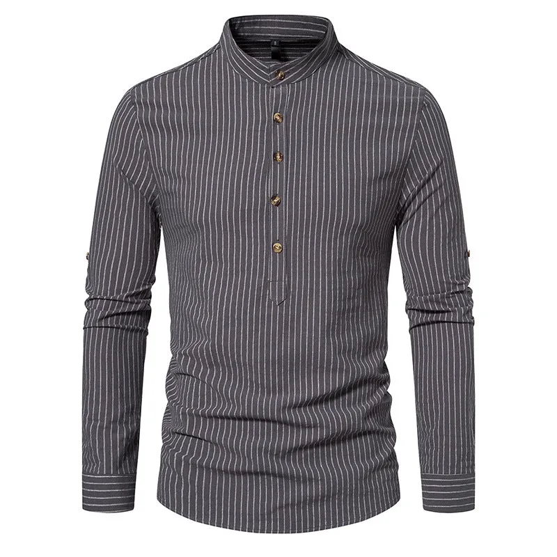 Men Turtleneck Buttons Stripes Long Sleeves T-Shirt