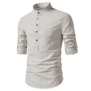 Men Turtleneck Buttons Stripes Long Sleeves T-Shirt