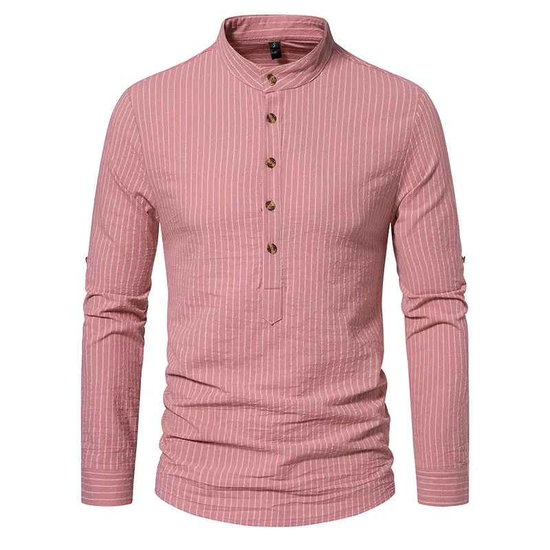 Men Turtleneck Buttons Stripes Long Sleeves T-Shirt