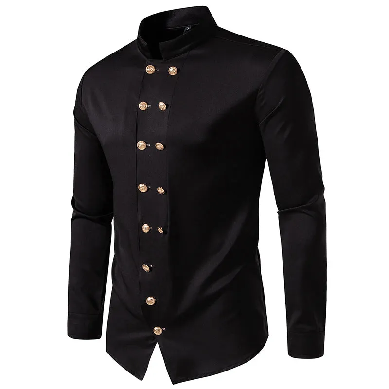 Men Turtleneck Double Buttons Long Sleeves Shirt