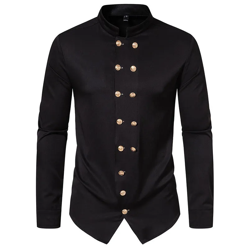 Men Turtleneck Double Buttons Long Sleeves Shirt