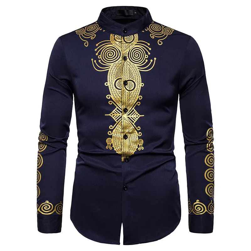 Men Turtleneck Oriental Prints Long Sleeves Shirt