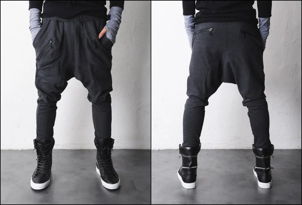 Mens Low Drop Crotch Harem Zippered Pocket Baggy Sweatpants /Trouser