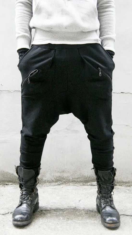 Mens Low Drop Crotch Harem Zippered Pocket Baggy Sweatpants /Trouser