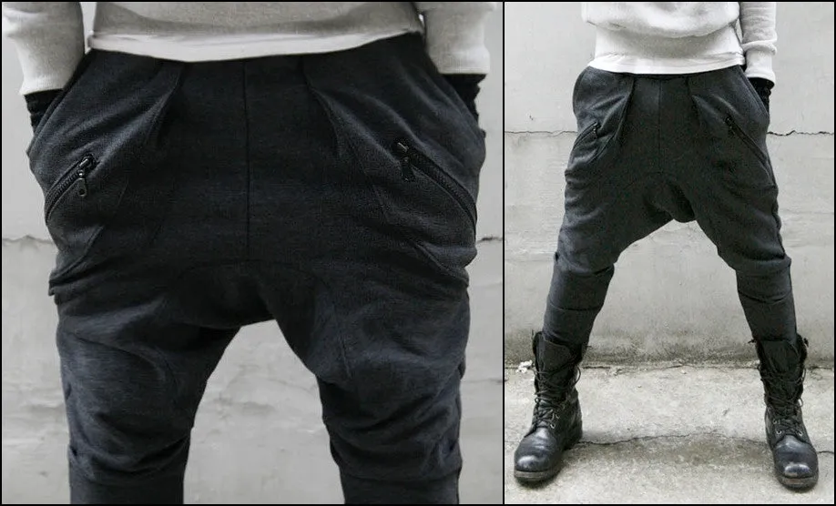 Mens Low Drop Crotch Harem Zippered Pocket Baggy Sweatpants /Trouser