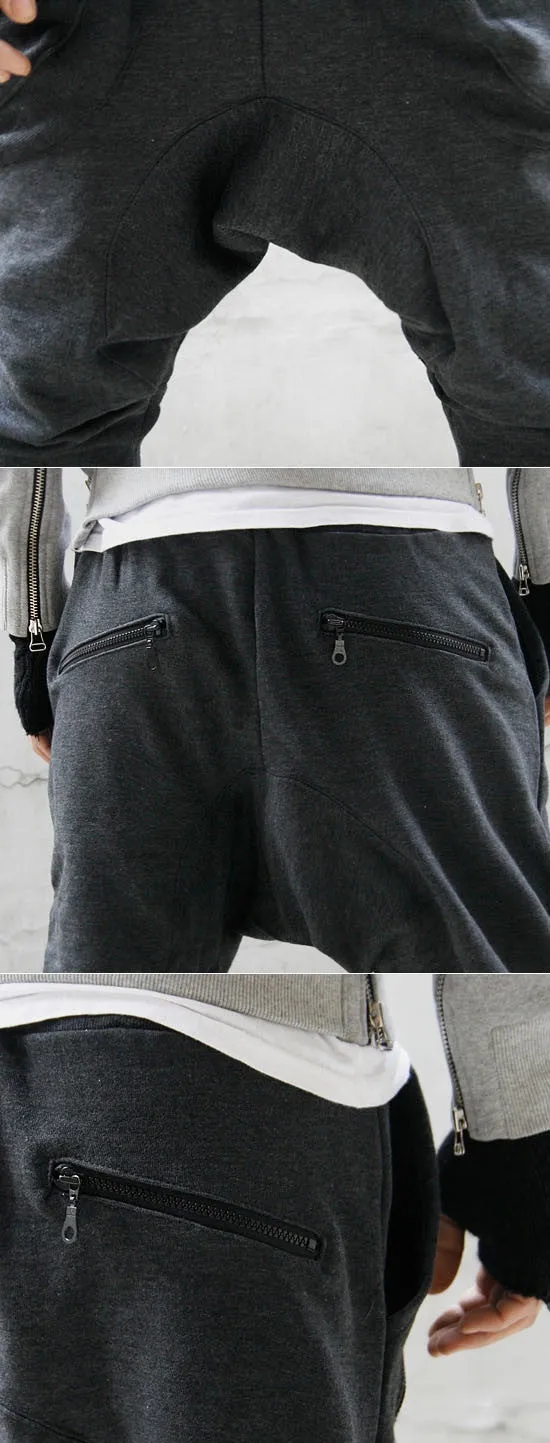 Mens Low Drop Crotch Harem Zippered Pocket Baggy Sweatpants /Trouser