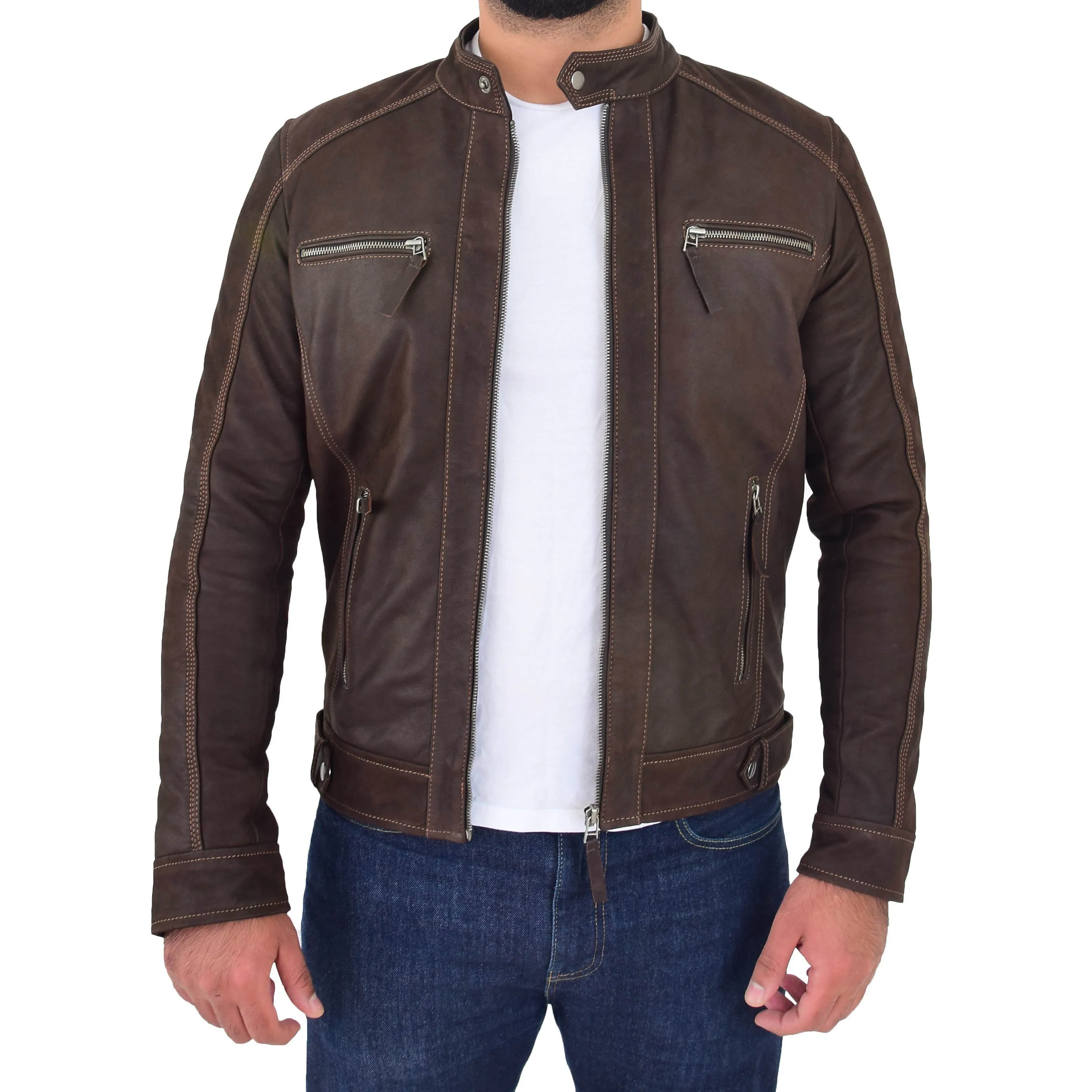 Mens Real Waxed Leather Biker Jacket Captain Brown