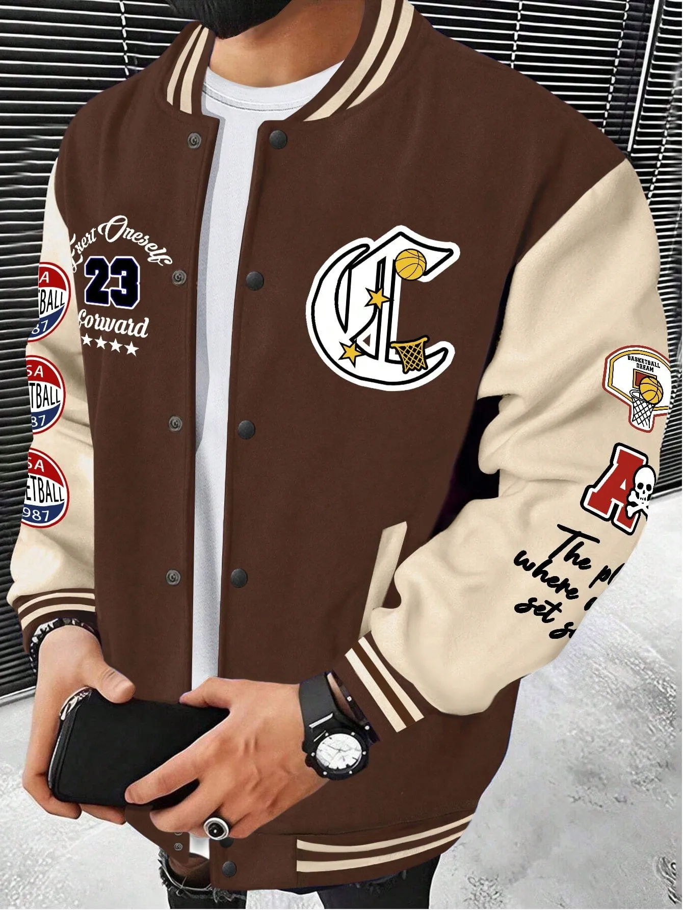 Men's Skull Print Color Blocking Baseball Jacket