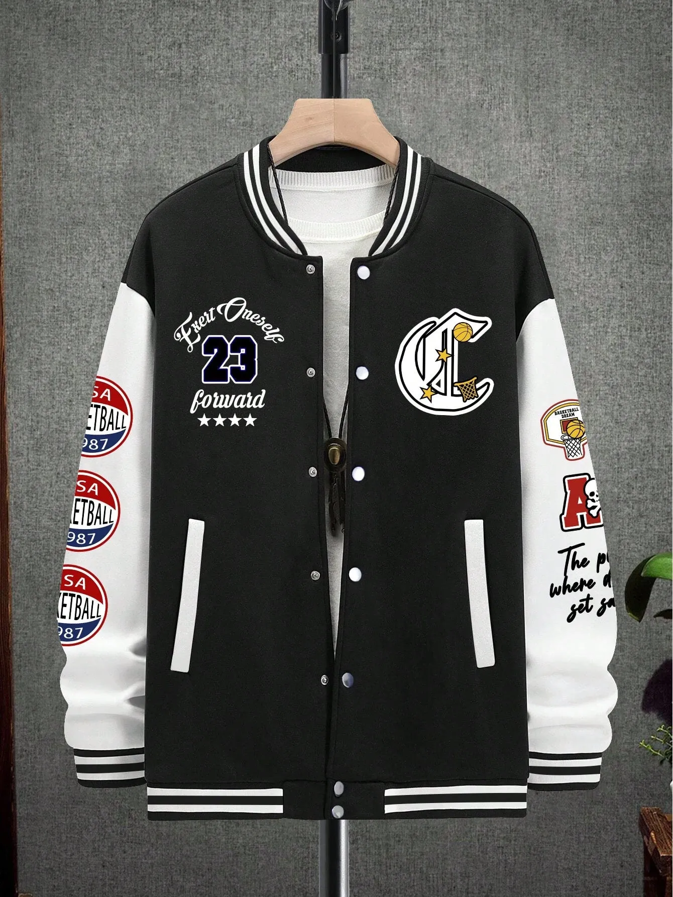 Men's Skull Print Color Blocking Baseball Jacket