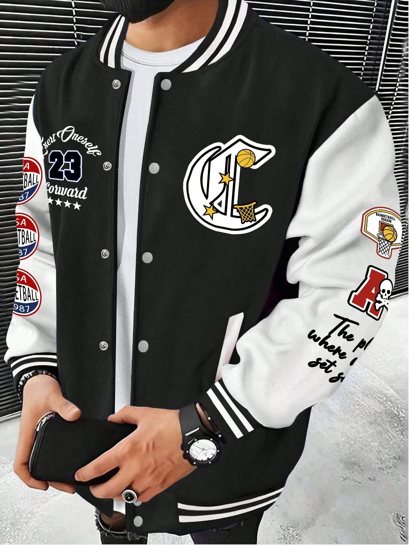 Men's Skull Print Color Blocking Baseball Jacket