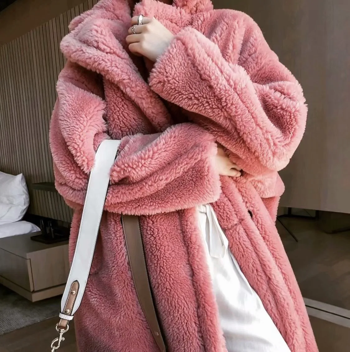 Mid-length lamb fur coat trench coat teddy