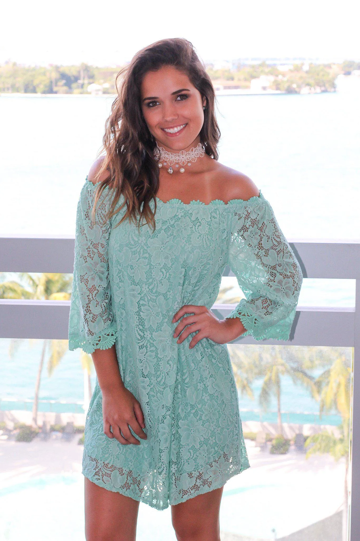 Mint Lace Off Shoulder Short Dress