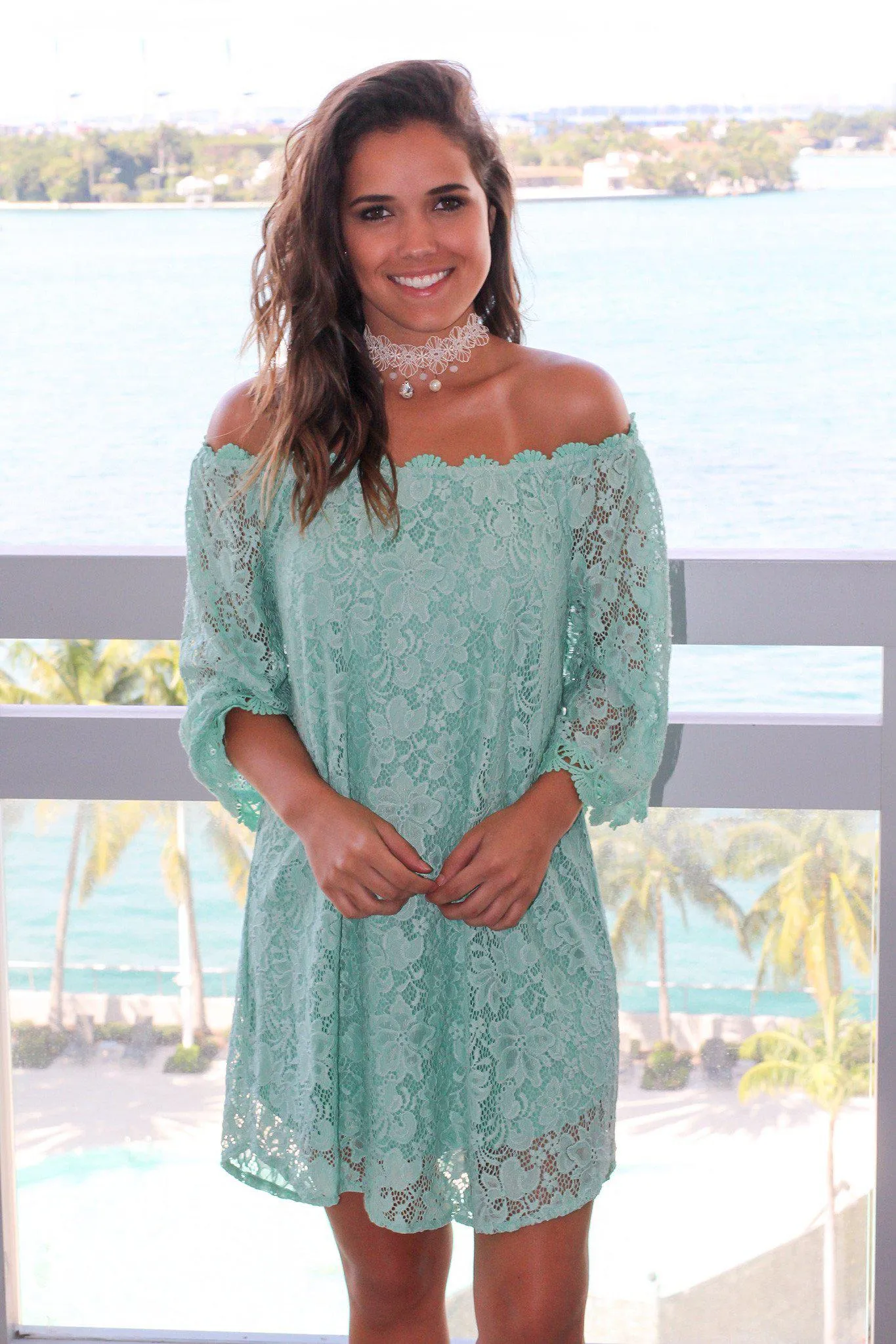 Mint Lace Off Shoulder Short Dress