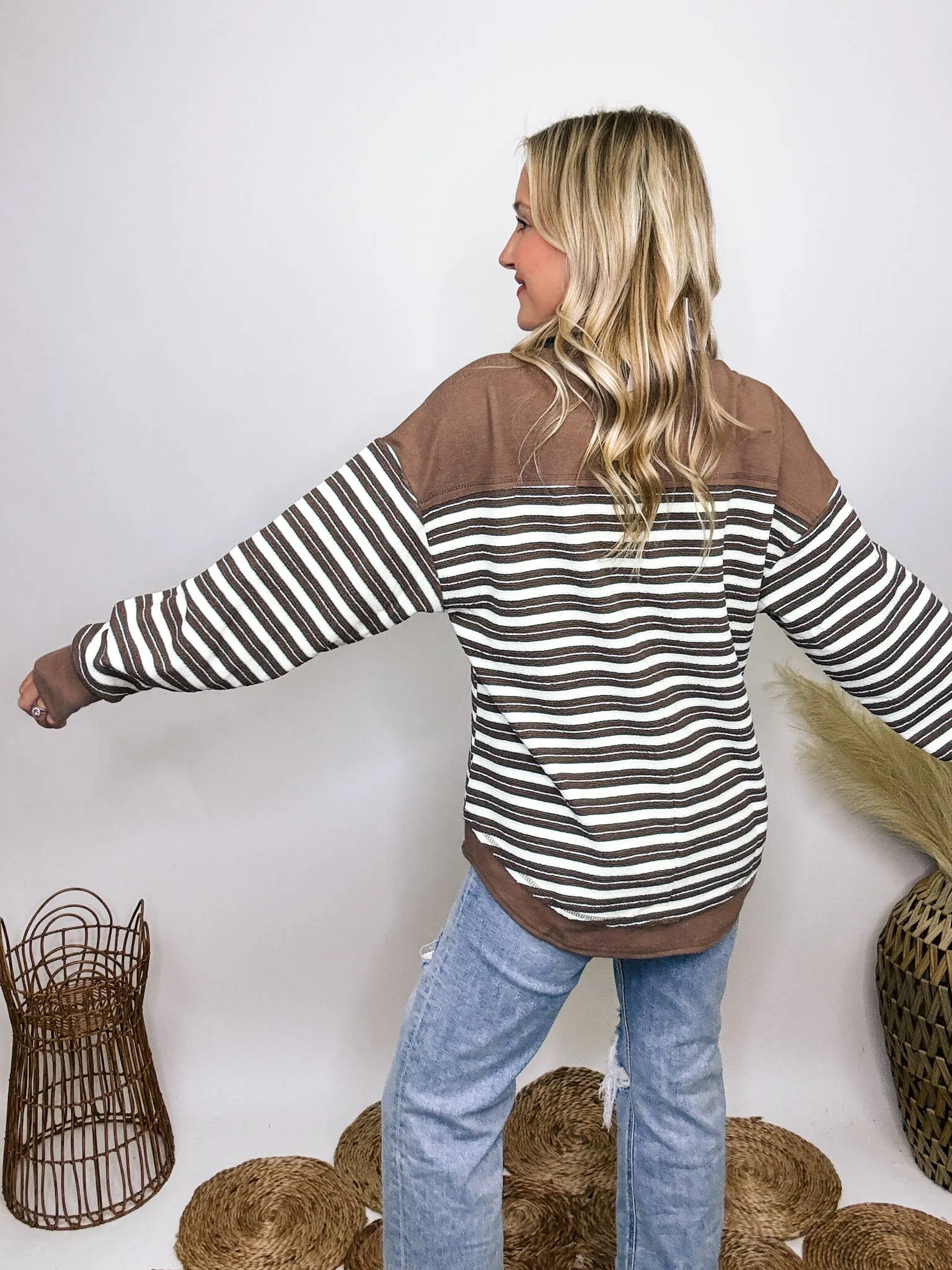 Mocha Striped Oversized Collared V-Neck Pullover with Button Details