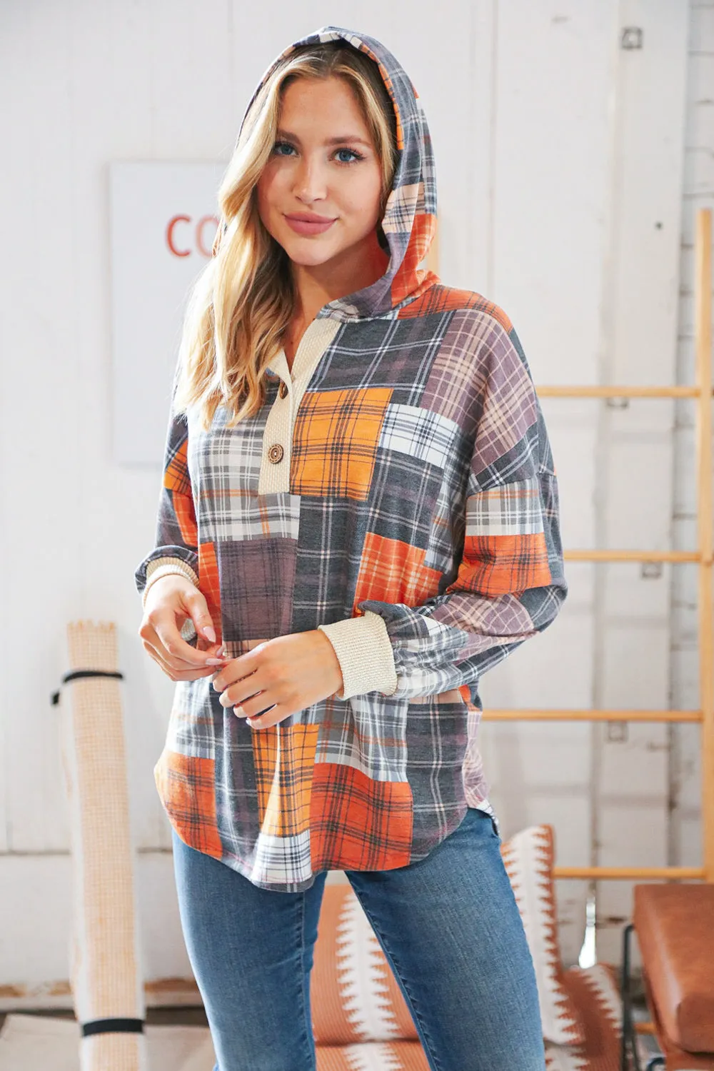 Multi Plaid Patchwork Waffle Button Placard Hoodie