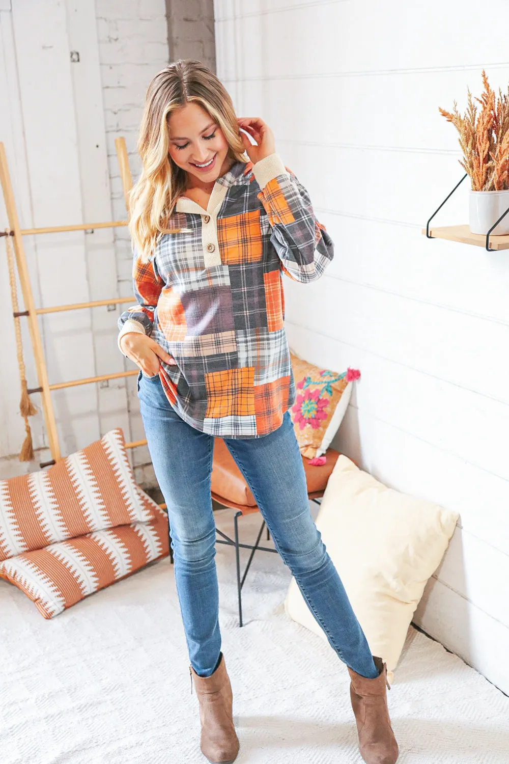 Multi Plaid Patchwork Waffle Button Placard Hoodie