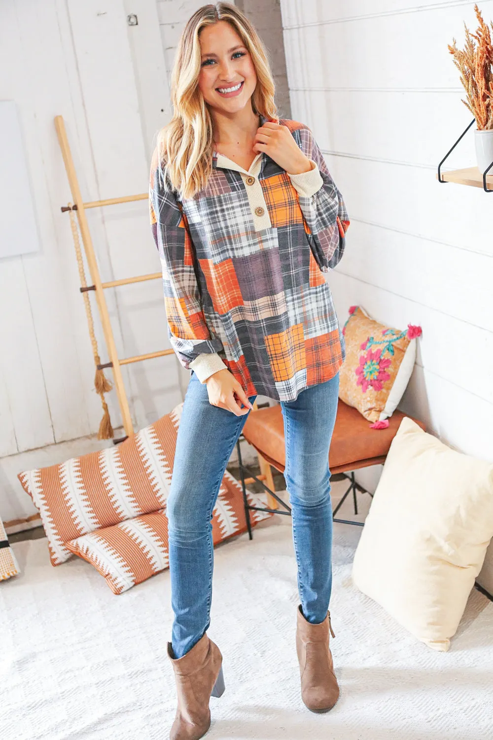 Multi Plaid Patchwork Waffle Button Placard Hoodie