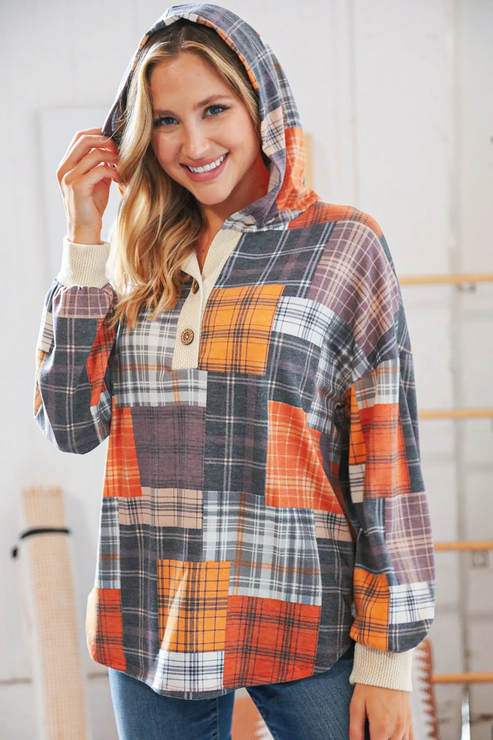 Multi Plaid Patchwork Waffle Button Placard Hoodie