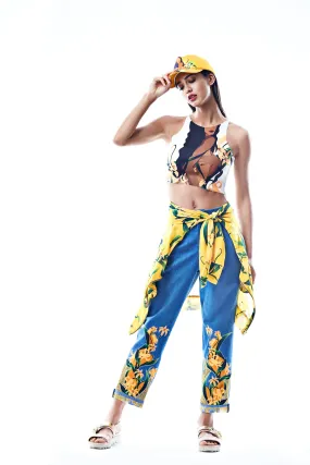 Mustard Lily Print Applique Work Denim Pants