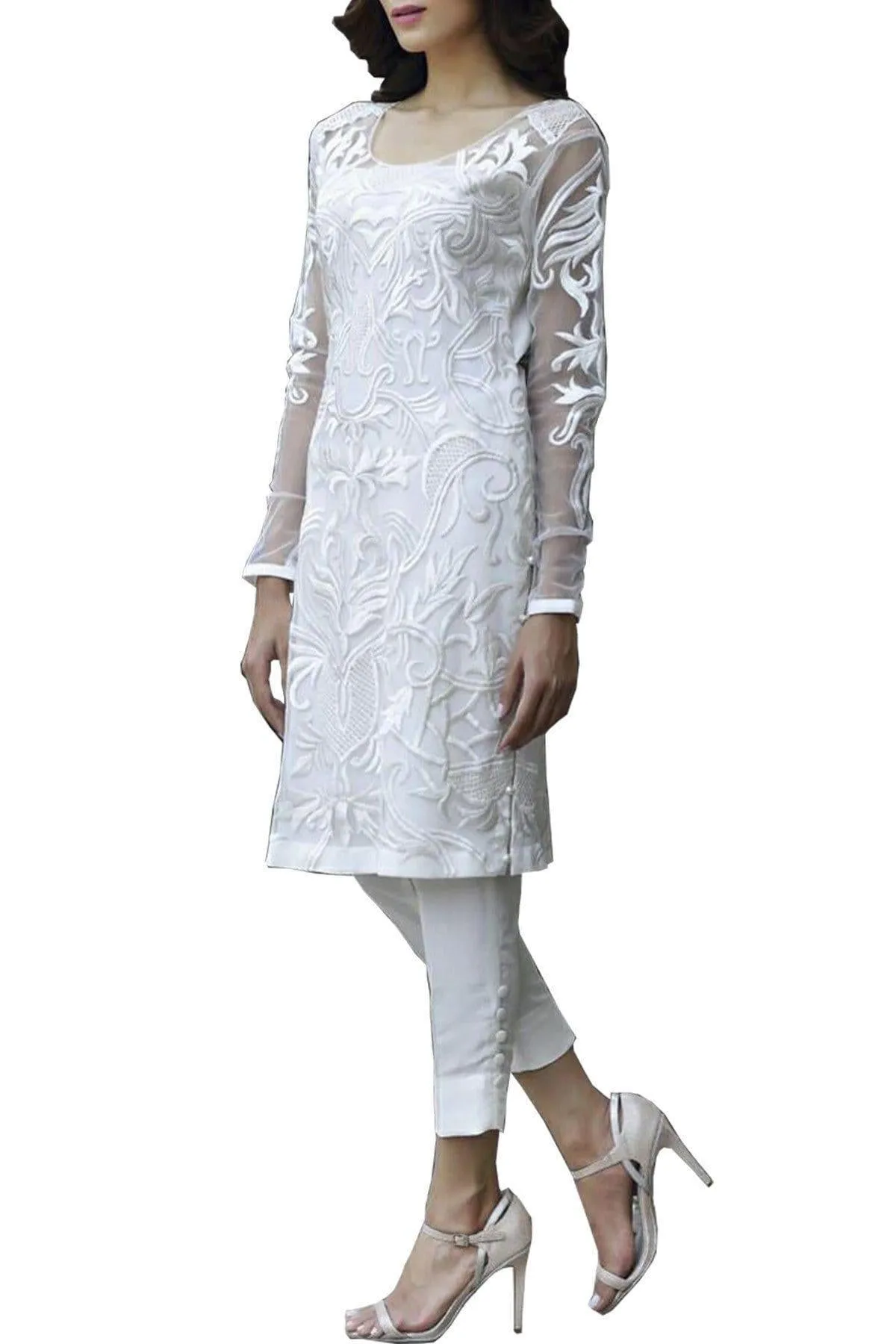 Natasha Kamal - White Valenza Shirt With Raw Silk Pants & Dupatta