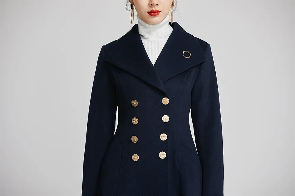 navy wool coat for women with double breasted and pockets  2249